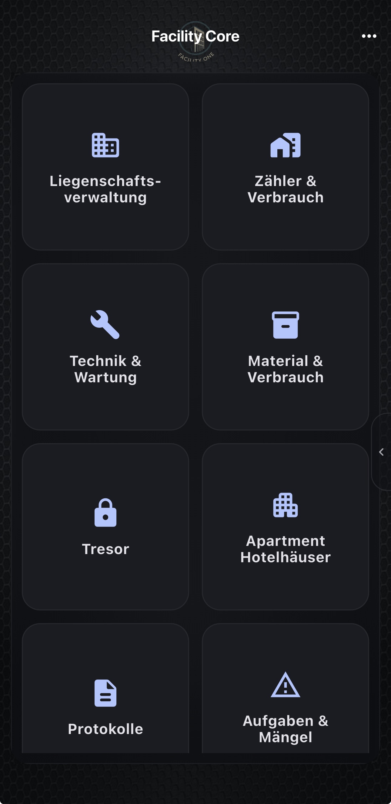 Facility Core Dashboard Übersicht