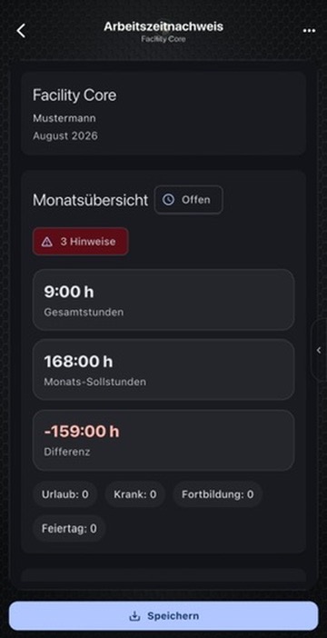 Originalansicht des Moduls Arbeitszeitnachweis in Facility Core