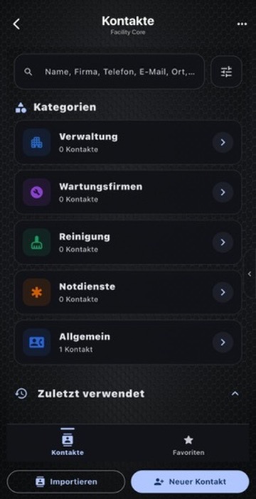 Originalansicht des Moduls Kontakte in Facility Core