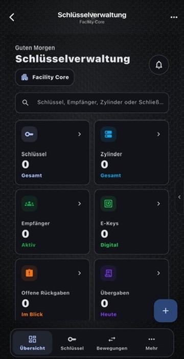 Originalansicht des Moduls Schließanlagen in Facility Core
