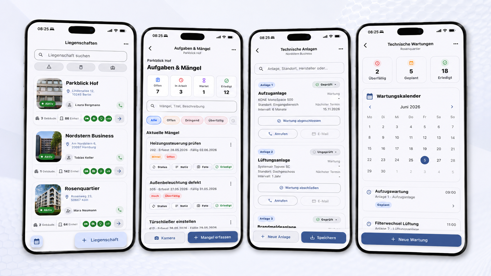 Facility Core App mit verbundenen Ansichten für Liegenschaften und operative Aufgaben